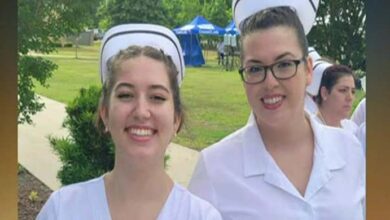 Photo of In the same class, mom and daughter both graduate from nursing school.