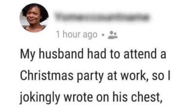 Photo of Humorous Note On Husband’s Chest Leads To A Shocking Reply At Work Christmas Party