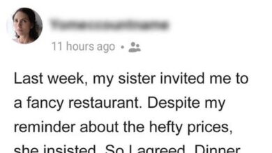 Photo of My Sister Invited Me to an Upscale Restaurant, Vanished into the Bathroom When It Was Time to Pay the Bills