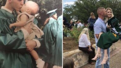 Photo of Dad & daughter recreate high school grad photo 18 years later – people look closer and spot one detail they can’t let go